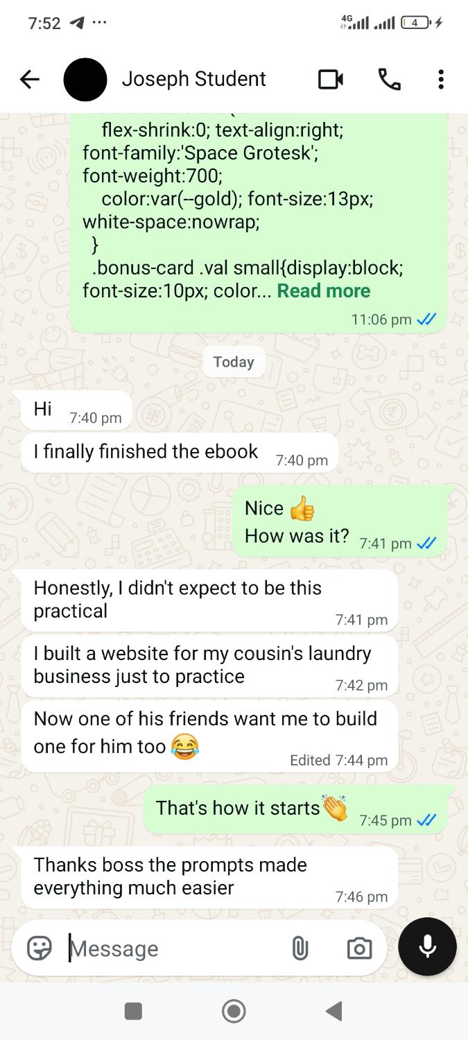 WhatsApp conversation with Joseph Student about the ebook