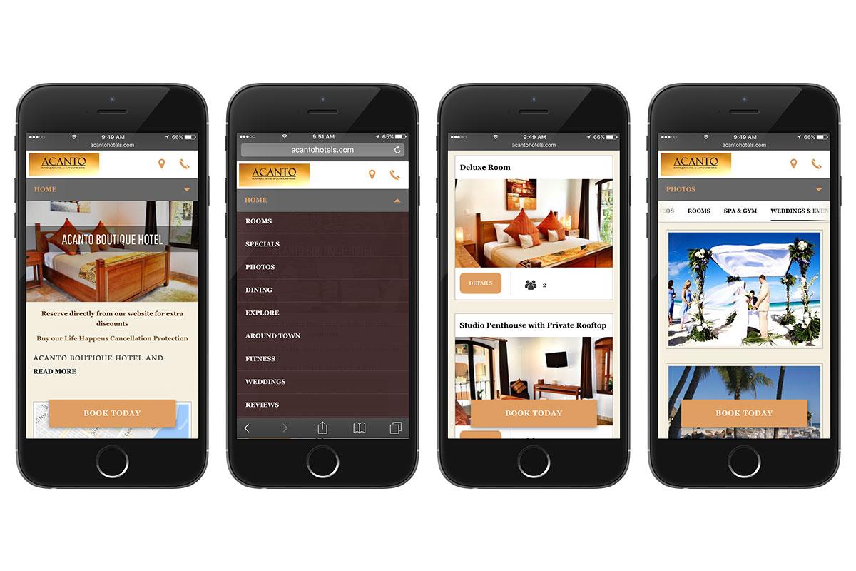 Acanto Boutique Hotel website on four smartphones