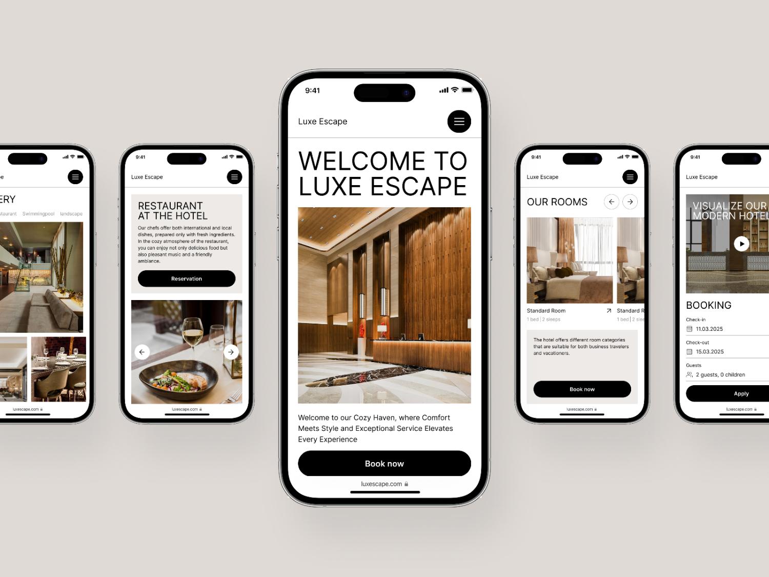 Luxe Escape hotel website mockups on multiple phones